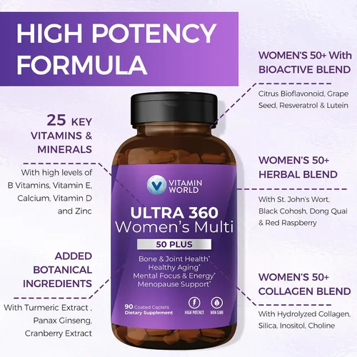 Vista 3 de Vitamin World Ultra 360 Multivitamínico para mujeres 50 Plus, multivitamínico para mujeres 50+ con minerales y hierbas para apoyo a la menopausia