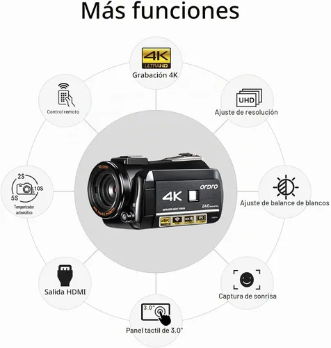 Vista 2 de ORDRO Cámara de video UHD 4K IR visión nocturna Vlogging Cámara para YouTube Grabadora de zoom digital con micrófono, lente gran angular, luz