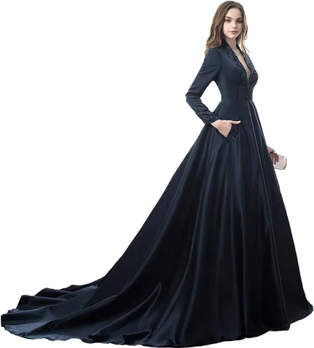 Vista 2 de Kivary Vestido de noche de manga larga vintage con cuello en V y línea A