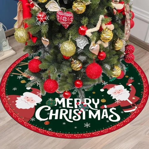 Vista 3 de Falda de árbol de Navidad redonda, decoraciones navideñas falda de árbol verde retro, falda de árbol de Navidad Feliz Navidad de 48 pulgadas, adorno