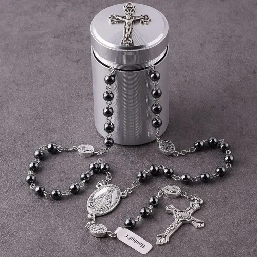 Vista 7 de HanlinCC Collar con cuentas de piedra negra de hematita de 0.236in con rosario milagroso con caja de regalo de metal de cruz para hombres y mujeres