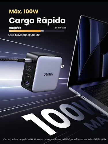 Vista 2 de UGREEN Nexode Cargador USB C GaN de 100W, Adaptador de Corriente Rápido Compacto Plegable de 4 Puertos para Cargador de Laptop para MacBook Pro/Air