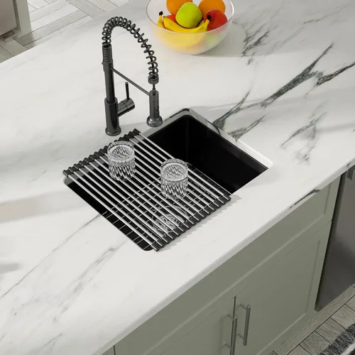Vista 3 de Dcolora Fregadero de Barra de Composite de Cuarzo de 22 Pulgadas Negro Bajo Encimera Pequeño Fregadero de Cocina de Composite de Granito Prep RV