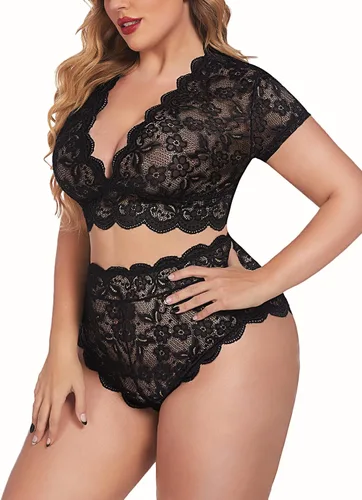 Vista 5 de Avidlove Conjunto de lencería de talla grande con encaje floral y ribete festoneado en V profundo con brasier de encaje en toda la prenda ropa sexy
