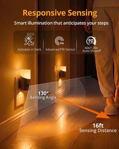 Vista 4 de LyrIDZ - Luz nocturna ámbar con sensor de movimiento, luz nocturna enchufable regulable de 1 a 150 lm para interior, para dormitorio, baño, pasillo
