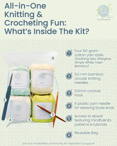Vista 7 de mindfulknits Kit de Tejer para Principiantes Adultos con Agujas de Tejer, Aguja de Lana e Hilo de Tejer 100% Algodón (4) – Para Hacer Toallitas - Zen