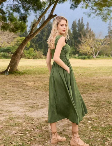 Vista 3 de Scarlet Darkness Vestido midi renacentista de verano para mujer, vestido sin mangas con cordones