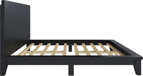Vista 8 de JIVOIT Base de cama de plataforma de tamaño matrimonial con cabecero, cama de plataforma de madera estilo retro con patas de madera maciza Negro