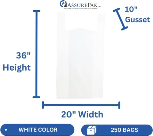 Vista 2 de ASSUREPAK Bolsas blancas de polietileno de alta densidad sin imprimir – 20 x 10 x 36 pulgadas con asas – 250 unidades – 18 micras – Venta al por