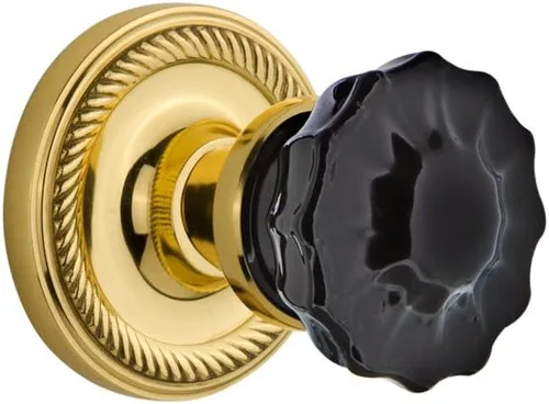 Vista 7 de Nostalgic Warehouse 727508 - Pomo de puerta de cristal negro con roseta de cuerda en latón antiguo, 2.25