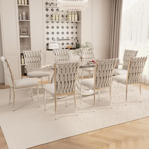 Vista 22 de Juego de 2 sillas de comedor de terciopelo, modernas sillas de cocina tejidas con patas de metal dorado, cojín tapizado con respaldo alto