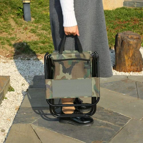 Vista 10 de Silla de camping plegable con bolsa enfriadora, taburete compacto para pesca, camping, senderismo, viajes, barbacoa (camuflaje militar)
