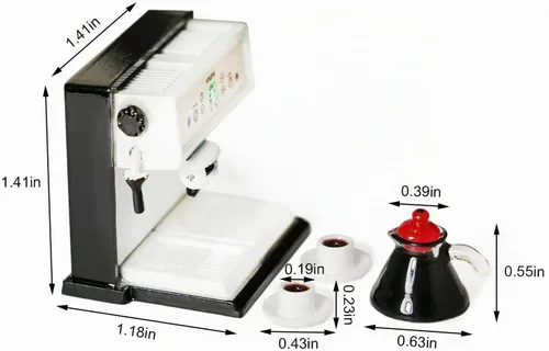 Vista 7 de Cafetera en miniatura con olla y 2 tazas, accesorios para casa de muñecas 1:12, máquina de café, decoración artificial de la casa, decoración