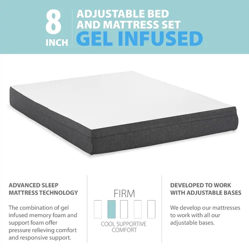 Vista 2 de Blissful Nights e1 - Base de cama ajustable con colchón de espuma viscoelástica con infusión de gel firme de 8 pulgadas, solo inclinación y control