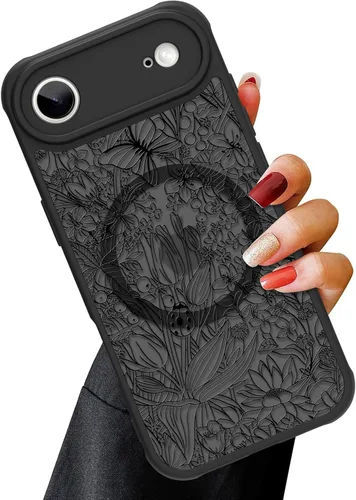 Vista 68 de OOK Funda magnética para iPhone 13 Pro Max [compatible con MagSafe] Funda delgada translúcida mate con flor silvestre negra, protección para lente