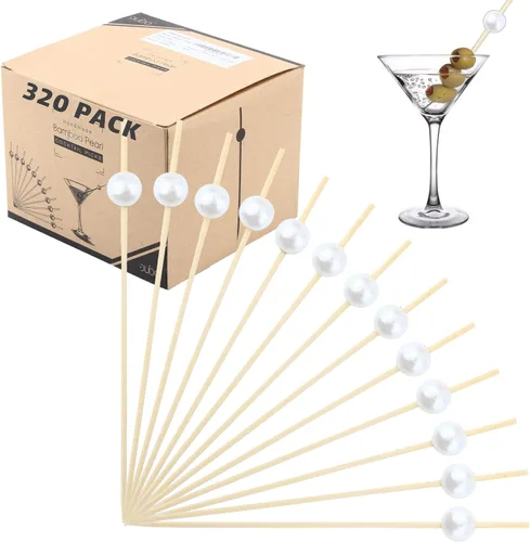Vista 7 de Púas de bambú para cócteles, palillos de dientes, 120 unidades, 4.75 pulgadas, color blanco perlado de madera con volantes para aperitivo, Martini