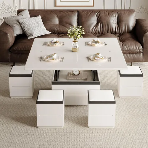 Vista 12 de Guyii Mesa de centro elevable con taburetes de almacenamiento, mesa central 3 en 1, altura ajustable, mesa plegable para sala de estar, ahorro
