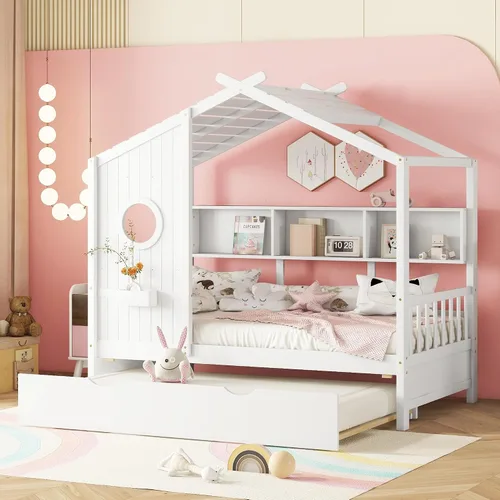 Vista 10 de Cama moderna de tamaño individual con nido, marco de cama de madera resistente con armazón de almacenamiento, techo y ventana para niños, niñas