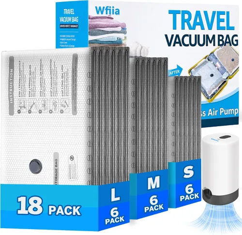 Vista 9 de Bolsas de vacío para viajes con bomba recargable, 3 tamaños de bolsas de sellado al vacío para ropa, bolsas de viaje de compresión al vacío