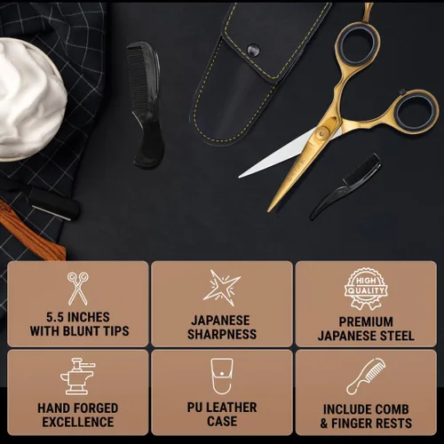 Vista 3 de Ontaki Tijeras para barba y bigote para hombre, acero japonés de 5.5 pulgadas, latón dorado, cuchillas afiladas, reposapiés ergonómico y tornillo