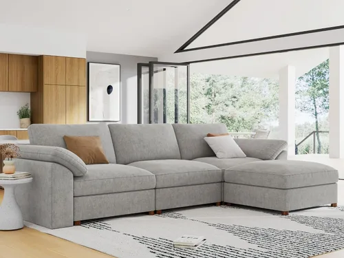 Vista 102 de EASE MOOSE Sofá modular verde seccional de gran tamaño en forma de L Pana verde