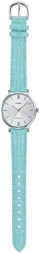 Vista 5 de Casio LTP-VT01L-7B3 - Reloj analógico con esfera plateada y correa de piel azul para mujer