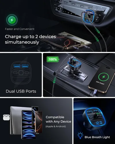 Vista 5 de LENCENT Transmisor FM, Bluetooth Transmisor FM Adaptador de Radio Azul-12W