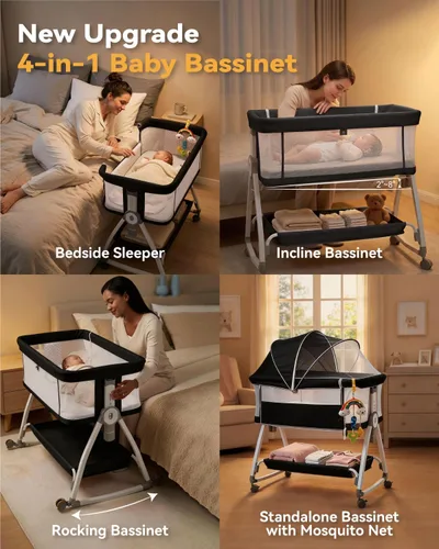 Vista 2 de Moisés 4 en 1 para Bebé Durmiente de Cabecera, Moisés de Cabecera con Ruedas, Moisés Ajustable de 6 Alturas con Colchón Suave, Mosquitero, Juguete