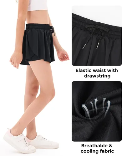 Vista 5 de Stelle Pantalones cortos fluidos con bolsillos para niñas, falda atlética para correr, cintura alta, mariposa, 2 en 1, pantalones cortos deportivos