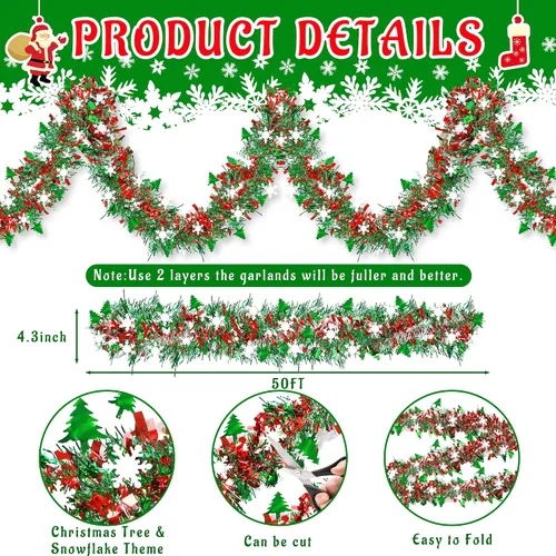 Vista 2 de 50 pies de decoraciones de Navidad con guirnalda de oropel con copo de nieve, árbol de Navidad rojo verde plateado brillante metálico girado