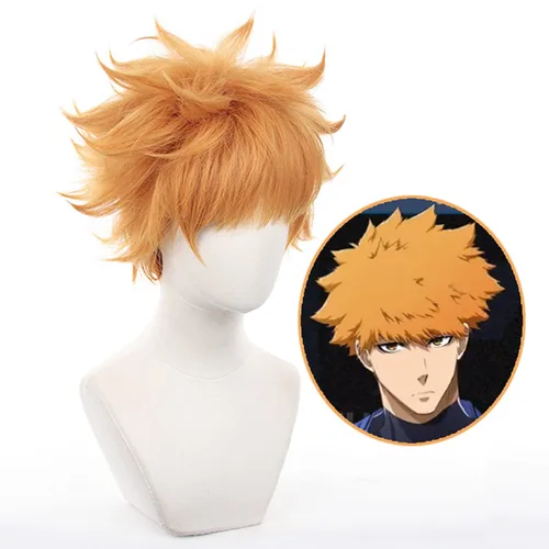Vista 3 de XiongXiongLe Peluca de cosplay naranja brillante, pelucas cortas y rizadas, para juego de anime, Halloween, pelucas de repuesto para fiestas