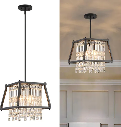Vista 16 de LMQNINE Modernas lámparas colgantes negras para isla de cocina, lámpara de araña de cristal, iluminación colgante ajustable de granja para comedor