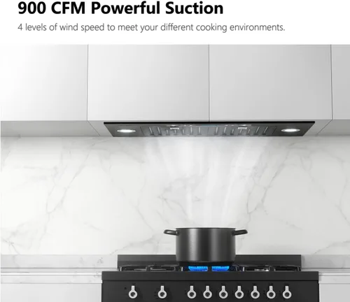 Vista 2 de Campana extractora de inserción negra de 30 pulgadas, campana de ventilación con conductos y sin conductos de 900 CFM IKTCH Stainless Steel
