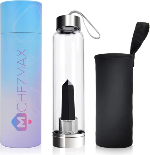 Vista 15 de ChezMax Botella de agua en cristal con centro de cristal natural intercambiable 18.6Oz, Natural Quartz Gemstone, Juice Container with Lid Sleeve