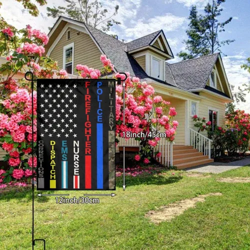 Vista 2 de Nadie lucha solo con bandera militar estadounidense, policía del ejército, bombero, bombero, azul, verde, rojo, línea fina, lino negro, tela