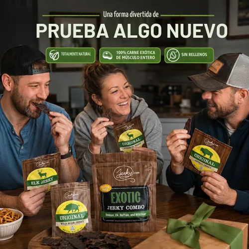 Vista 7 de Jerky 's Classic Exotic Jerky - Paquete variado de cecina con 4 tipos de cecina - Buffalo, jabalí, carne seca de venado y cecina de alce