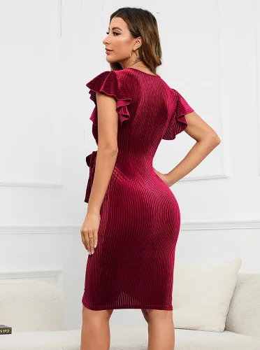 Vista 3 de oten Vestido de terciopelo con cuello en V profundo para mujer, manga con volantes, para cóctel, fiesta, boda, club, vestido cruzado de imitación