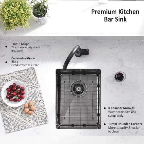 Vista 3 de Fregadero de barra negra de 12 pulgadas para montaje bajo montaje, fregadero de cocina pequeño de 12 x 16 pulgadas, fregadero de barra húmeda