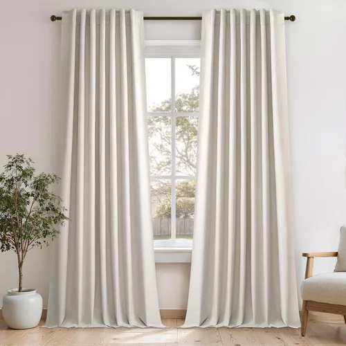Vista 58 de Topfinel Cortinas opacas, blanco beige, 2 paneles, ventanas pequeñas, textura, mezcla de lino, bohemia, abedul, rural, gancho, bolsillo trasero