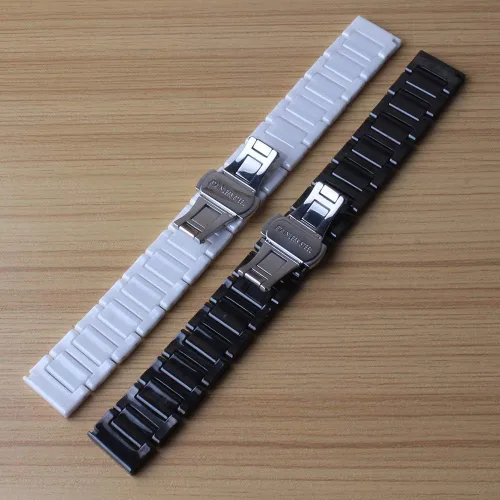 Vista 5 de Correa de cerámica negra pura de 0.551in 0.630in 0.709in 0.787in para señora mens relojes reloj pulido elegante metal mariposa hebilla