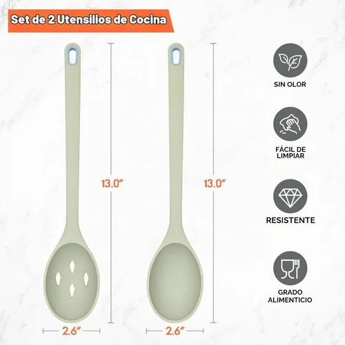 Vista 2 de Cuchara de cocina de silicona, cucharas sólidas y ranuradas Verde