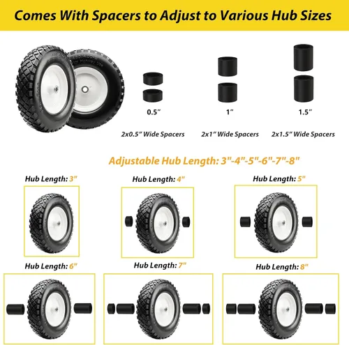 Vista 3 de 16" Neumático plano sin cámara de PU 4.80/4.00-8" sólido con rodamiento de bolas de 3/4" y cubo central de 3"-8", rueda universal para carretilla