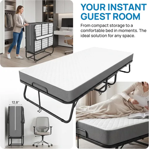 Vista 3 de Cama plegable con colchón de espuma viscoelástica de 5 pulgadas, cama portátil de invitados de 75 x 31 pulgadas, marco de acero, ruedas