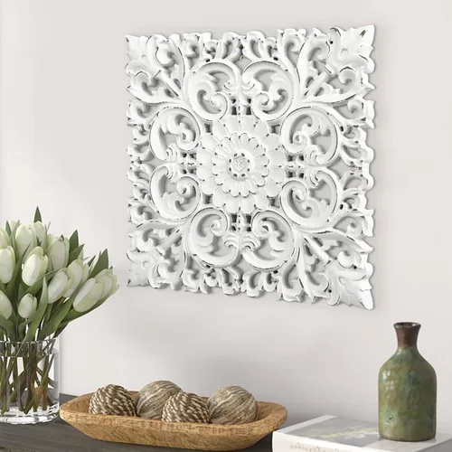 Vista 5 de Musanpou Paneles de pared de madera tallados a mano únicos con decoraciones florales colgantes - Decoración de pared rústica de granja para sala