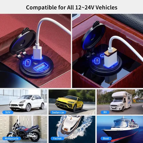 Vista 7 de Kewig Paquete de 2 cargadores USB con cable de 12 V multipuerto, doble PD3.0 y QC 3.0 múltiples puertos para automóvil, enchufe USB con interruptor