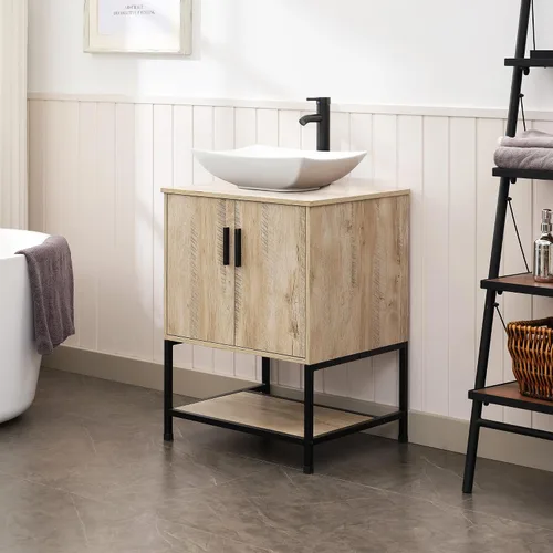 Vista 3 de UEV Tocador de Baño de Roble Rústico de 24" con Lavabo, Conjunto de Gabinete de Baño con Marco de Hierro Industrial con Puertas y Estante, con Combo