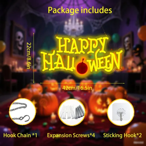 Vista 5 de Letrero de neón de feliz Halloween, letrero de bienvenida de LED para puerta delantera/recámara/hogar/patio, alimentado por USB, 16.5×8.6 pulgadas