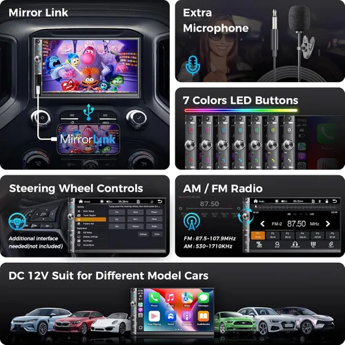 Vista 5 de Estéreo de auto doble DIN con pantalla táctil HD de 7 pulgadas, Apple Carplay inalámbrico y Android Auto, Bluetooth, 240W, SWC, salida de subwoofer