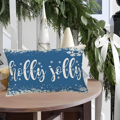 Vista 2 de Holly Jolly - Fundas de almohada navideñas de copos de nieve azul claro, decoración de casa de campo, funda de almohada de 12 x 20 pulgadas, fundas