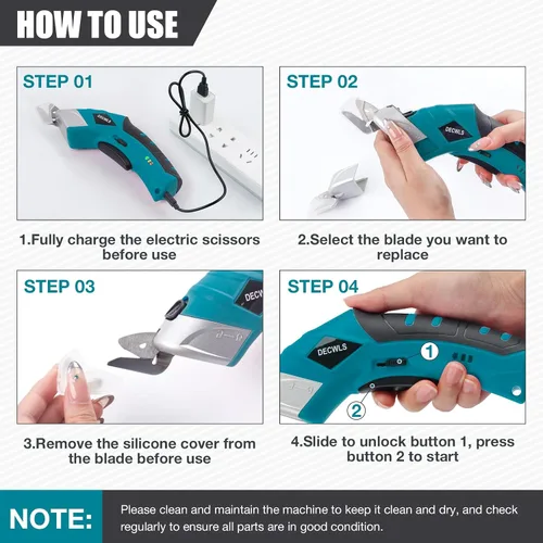 Vista 8 de Tijeras eléctricas inalámbricas para tela con 3 cuchillas, tijeras potentes recargables de 4 V con bloqueo de seguridad adecuadas, herramienta